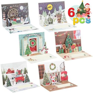 Imagem de SULOLI Cartões comemorativos de Natal pop-up 3D, pacote com 6 cartões de presente de Natal com envelopes, Papai Noel Alce, boneco de neve, cartões de férias para a temporada de Natal para crianças e saudações familiares
