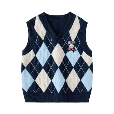 Imagem de Yueary Suéter infantil sem mangas para meninos/meninas, colete de uniforme escolar, colete de malha infantil, roupas de bebê, pulôver moderno 2024, Azul-marinho, 5-6 Years