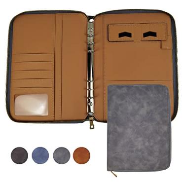 Imagem de Pasta de couro A5 para caderno, agenda econômica, capa de couro PU com zíper, 6 anéis, recarregável, organizador de documentos para entrevista de negócios (cinza)