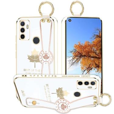 Imagem de Kainevy Capa de telefone para Oppo A53 2020 capa estética de silicone à prova de choque para mulheres capa protetora Oppo A53 capa fina com anel de pulso design padrão folha de bordo (branca)
