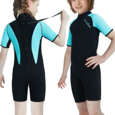 Imagem de OMGear Roupa de mergulho infantil de neoprene de 3 mm de manga curta, traje de banho térmico nas costas para jovens, meninos, meninas, mergulho, surf, snorkeling, natação, esportes aquáticos (água,