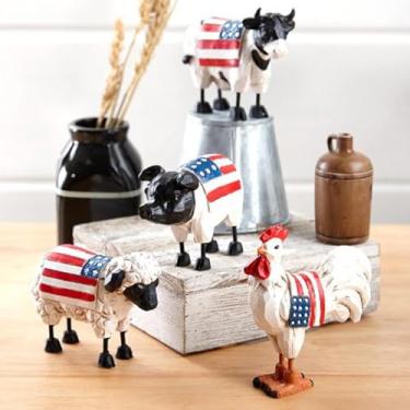Imagem de Ornamento de mesa de animais de fazenda 4 de julho, animal de fazenda rústico com decoração de bandeira nacional, artesanato de micro resina do Dia da Independência, pequenos ornamentos criativos de