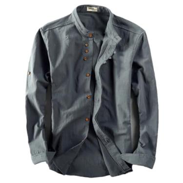 Imagem de Camisa masculina de linho algodão estilo japonês, gola alta, manga comprida, caimento justo, cor sólida, casual, respirável, Cinza escuro 9, M