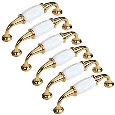 Imagem de 6 maçanetas de porta estilo pastoral de cerâmica puxador de gaveta puxador de móveis guarda-roupa decoração de casa (distância do orifício dourado 96 mm)