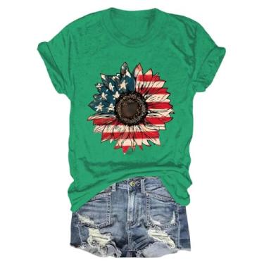 Imagem de Camiseta feminina com bandeira americana casual com listras de girassol e estrelas, verão, dia da independência, camisetas patrióticas, festivais, Verde, M