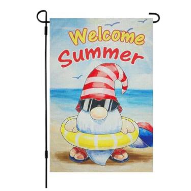Imagem de RTKHFZE Welcome Summer Gnomo Garden Flag 30,5 x 45,7 cm Decorações externas de dupla face bandeiras de verão pequenas bandeiras de jardim para decorações externas Bandeira de jardim de serapilheira