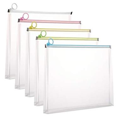 Imagem de Pacote com 5 envelopes com zíper de plástico transparente de 24,5 x 33 cm, pasta de papel para documentos, cores sortidas