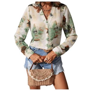 Imagem de Verdusa Blusa feminina de chiffon com estampa floral e gola V e manga comprida, Verde, G