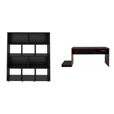 Imagem de Kit 2 Peças com Mesa Gamer com Gaveta e Estante para Livros 10 Nichos Preto/Vermelho