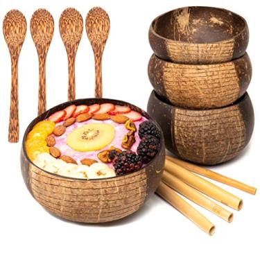 Imagem de Rainforest Bowls Conjunto de 4 tigelas de coco com listras jumbo, 4 colheres de madeira e 4 canudos de bambu reutilizáveis - 100% natural, esculpido à mão por artesãos, ecologicamente corretos e