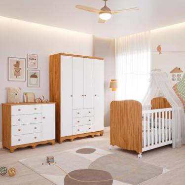 Imagem de Quarto Bebê Completo Berço Americano Uli Guarda Roupa 4 Portas Cômoda 1 Porta Junior 100% Mdf Amendoa/branco
