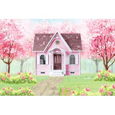 Imagem de Painel de lona Casinha no Jardim Aquarela Flores Cerejeira - Fabrika d