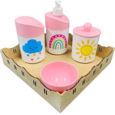 Imagem de Kit Higiene Bebê Chuva de Amor Menina com Bandeja Quadrada MDF - Dóia 
