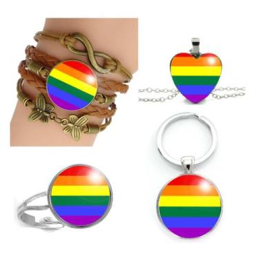 Imagem de Kit Gay Feminino: Pulseira, Chaveiro, Anel e Colar de Coração com a Ba