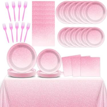 Imagem de Conjunto de 98 peças de utensílios de mesa rosa ombré, rosa pastel, dégradé para 24 convidados, rosa claro, capas de mesa, pratos de jantar para casamento, aniversário, aniversário, decoração