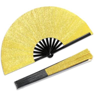 Imagem de Qyeahkj Ventilador de mão dobrável grande dourado com glitter para homens e mulheres ventilador chinês de tai chi kung fu rave clack ventilador de mão decorativo vintage ventilador dobrável de tecido
