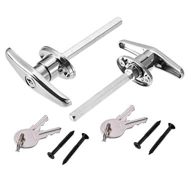 Imagem de X AUTOHAUX Conjunto de 2 conjuntos universal de trava de porta de galpão de garagem com chave em T trava de porta maçaneta T com 4 parafusos para a maioria das marcas de bonés de caminhão, veículos recreativos, celeiros, cromados, prateados