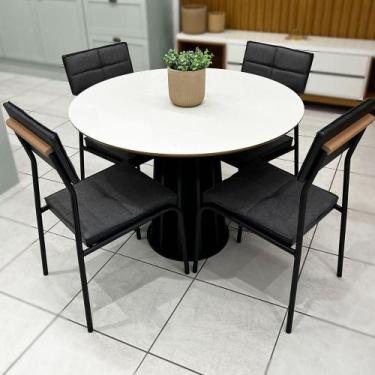 Imagem de Mesa Jantar Redonda MDF 105cm com 4 Cadeiras Estofadas Linho - Carraro