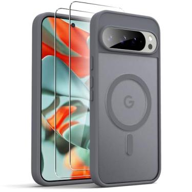 Imagem de Ikziwreo Capa magnética para Google Pixel 9 e 9 PRO XL, pacote com 2 protetores de tela, proteção total da câmera, capa protetora fosca translúcida à prova de choque, cinza escuro