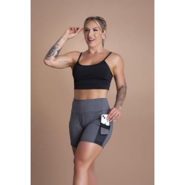 Imagem de Conjunto Fitness Feminino Short Cintura Alta Com Bolso Tela E Top Crop