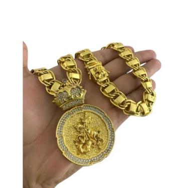 Imagem de Cordão Dubai 15mm Fecho São Jorge + Pingente São Jorge - Banhado Ouro 