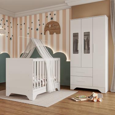 Imagem de Quarto de Bebê Guarda Roupa com Janela e Berço 3 em 1 100 MDF Popy  Móveis Peroba - Branco Brilho