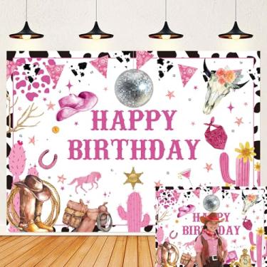 Imagem de Vaqueira Ocidental Feliz Aniversário Pano de Fundo Disco Rosa Vaca Selvagem Oeste Estampa Cactus Aniversário Fotografia Fundo para Meninas Mulheres Decoração de Festa de Aniversário Banner (94 x 70