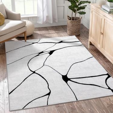 Imagem de YIHOUSE Tapete de área lavável moderno para sala de estar e quarto - Tapete grande abstrato preto e branco antiderrapante ultrafino para decoração de casa (deformação, 1,5 x 18 m)