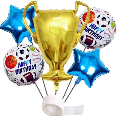 Imagem de Kit Decoração Festa Esportes: 1 Balão Troféu Metalizado +2 Balões Esportes Redondo +2 Balões Estrelas +Fita Cola Adesiva (Azul)