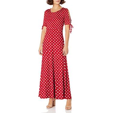 Imagem de Star Vixen Vestido longo feminino Petite manga curta/fenda nas costas com costura skater, Ponto vermelho/branco, P