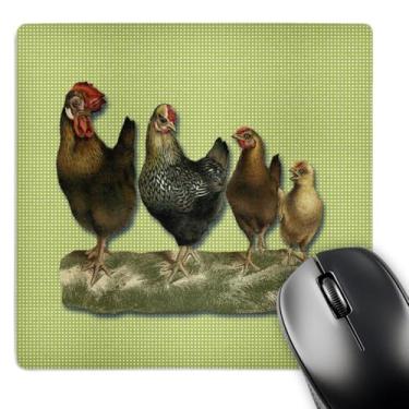 Imagem de Mouse pad 3D Rose"Galo e três galinhas de tamanhos diferentes em um fundo xadrez verde" acabamento fosco - 20,32 x 20,32 cm - mp_171360_1
