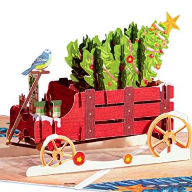 Imagem de Frndly Cartão de Natal Pop Up da Paper Love, Vagão de árvore de Natal, Cartões Popup 3D feitos à mão para o Natal, feriados, 100% reciclado e ecológico, capa de 20 x 15 cm - com etiqueta removível de nota