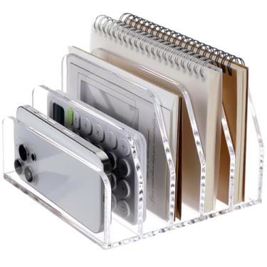 Imagem de SANRUI Classificadores organizadores de correio de mesa em acrílico, transparentes 5 compartimentos verticais porta-cartas de arquivo de mesa em escada, envelope multifuncional prateleiras d