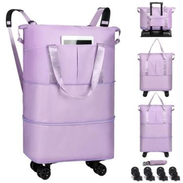 Imagem de VOOWO Bolsa esportiva com rodas – bolsa esportiva dobrável expansível com rodas para viagem, bolsa de transporte com rodas, mochila grande com rodinhas para homens e mulheres, Roxo claro, 16 x 9 x 28