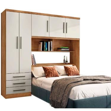 Imagem de Guarda Roupa Mexico Casal com Cabeceira Baú 5 Portas 3 Gavetas e Prateleiras Rud Rack Cor Cedro Areia