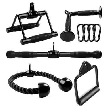 Imagem de Yes4All Conjunto preto de cabo de pressão para tríceps para máquina, acessórios LAT pulldown para conjunto de academia com corda de tríceps, alças duplas D, barra em forma de V, D único, barra reta