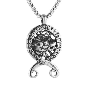 Imagem de HZMAN Colar de lobo viking para homens, aço inoxidável, retrô, troll, cruz, lobo, totem, amuleto, pingente, colar, joia viking, presente, Aço inoxidável, Sem Pedra Preciosa