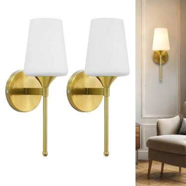 Imagem de YHTlaeh Conjunto De Arandelas De Parede Com 2 Luminárias De Vidro De Latão Escovado Para Banheiro, Abajur Para Quarto, Sala De Estar, Corredor (1T, 2 Unidades)