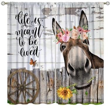 Imagem de Cortinas de burro de fazenda para quarto, tábuas rústicas vintage, casa de campo, cerca girassóis, flores, borboleta, engraçada, burro, cortinas de janela para meninos e meninas, cozinha, sala de