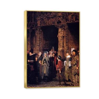 Imagem de Moldura dourada deixando a igreja no século XV por Lawrence Alma Tadema Prints, reprodução de pintura a óleo, impressão giclée em tela, arte de parede pronta para pendurar para decoração de quarto de