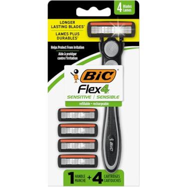 Imagem de BIC Lâminas descartáveis masculinas recarregáveis Flex 4, para um barbear suave, ultra rente e confortável, 1 alça e 4 cartuchos, conjunto de 5 peças de barbeador