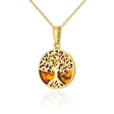 Imagem de AMBEDORA Colar pequeno feminino árvore da vida celta mod.05 com âmbar, banhado a ouro de prata esterlina, âmbar báltico na cor conhaque, pingente banhado a ouro na corrente, Prata esterlina, Âmbar