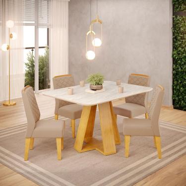 Imagem de Conjunto Sala de Jantar 4 Cadeiras Tampo Sem Vidro dj Móveis Kiara Cedro Quartzo Lidia Veludo Kraft