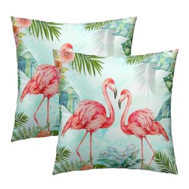 Imagem de Imiss Conjunto de 2 capas de travesseiro de flamingos tropicais - Folhas de verão flores rosa pássaro capa de almofada decorativa ao ar livre 50 x 50 centímetros para sala de estar, sofá, quarto