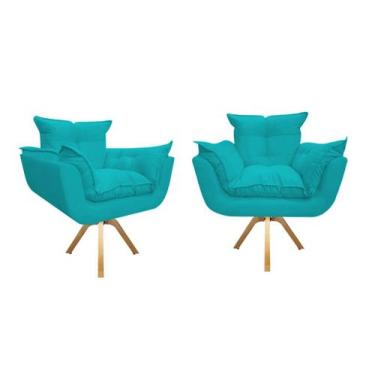 Imagem de Kit 2 Poltronas Decorativa Opala Base Giratória Suede Azul Turquesa Ms