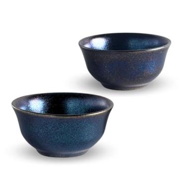 Imagem de Manekineko-Ai Conjunto de 2 copos de saquê de cerâmica japonesa, mino, esmalte raster preto azul 55 ml