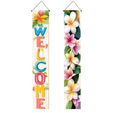 Imagem de BlissYard 2 peças de bandeira de porta de verão de boas-vindas sinal de varanda decorações havaianas faixa havaiana hibisco colorido primavera verão decoração banners para pendurar na parede para casa