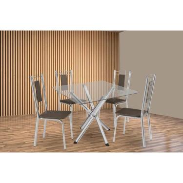 Imagem de Kit 4 Cadeiras Sala Jantar Volga c/ Tampo de Vidro 90cm e 4 Cadeiras Florença Cromada - Courano Marrom - Kappesberg