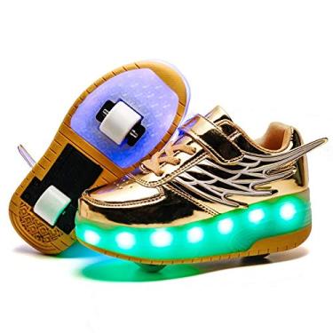 Imagem de Ehauuo Tênis infantil com luz de LED e carregador USB com rodas retrátil tênis de skate para meninos e meninas unissex, A-gold, 6 Big Kid