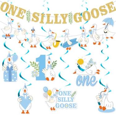 Imagem de Decorações de primeiro aniversário para meninos One Silly Goose 1º aniversário banner engraçado guirlanda de pato com decoração de redemoinho pendurado para decoração de festa infantil